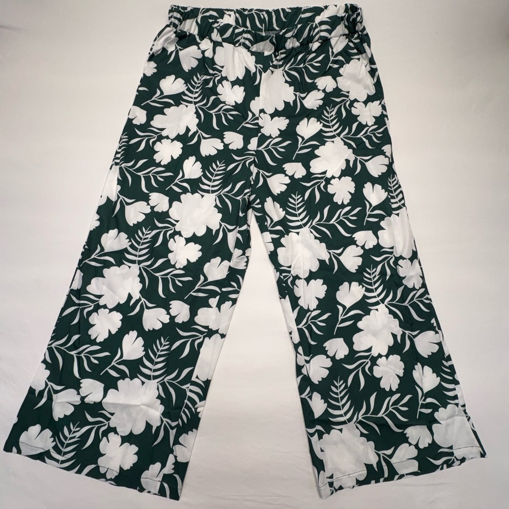 NWT ECOWISH Tropical Floral Wide Leg Palazzo Pants - Green/White - Size 3XL